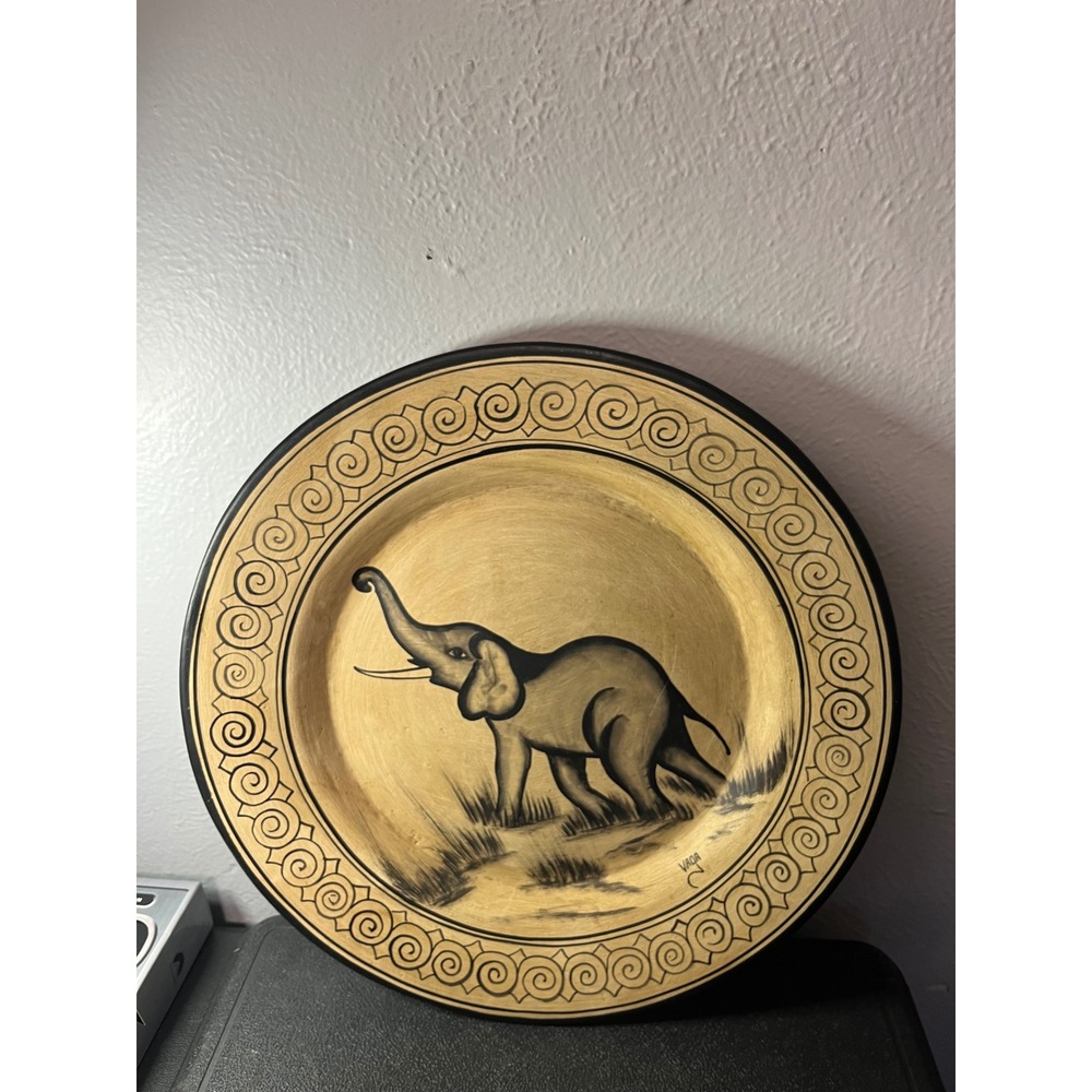 VAGA Signed Hand Painted Terracotta Clay Elephant Decorative Wall Plate 16 Inch